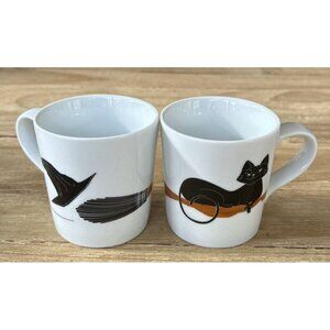 Crate & Barrel Halloween Black Cat On Broomstick Coffee Espresso Mugs Set Of 2